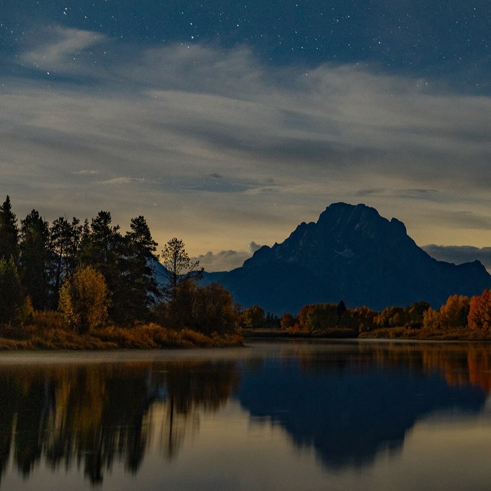 Nighttime shot of fall colors and Mount Moran reflecting in the famous Oxbow Bend of the Snake River.  I was in Grand Teton National Park a couple weeks ago for the Jackson Wild Summit, and the fall colors were peaking.  I avoided the crowds at this 