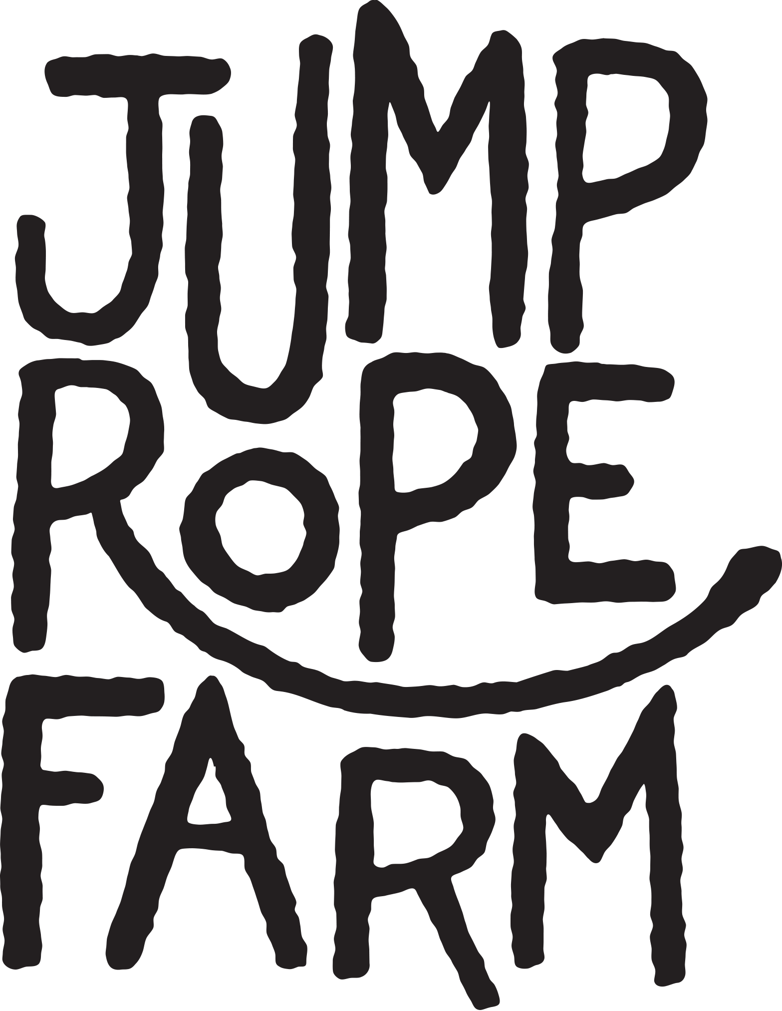The logo for Jump Rope Farm, comprised of hand-drawn text that reads 'JUMP FOR FARM'. The letter R looks like a jump rope.