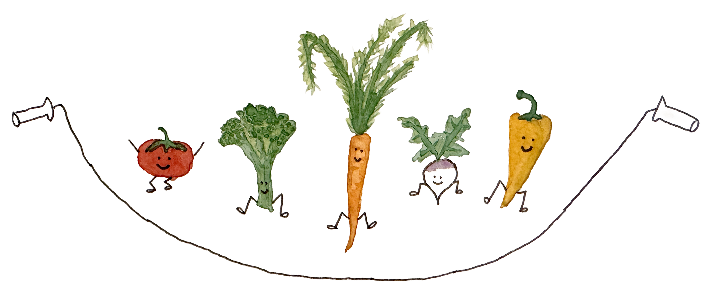 Illustration of smiling vegetables, including a tomato, broccoli, carrot, radish, and yellow pepper, on a gray background. Real versions of these playful vegetables are available from our free food farmstand in New Haven, Vermont