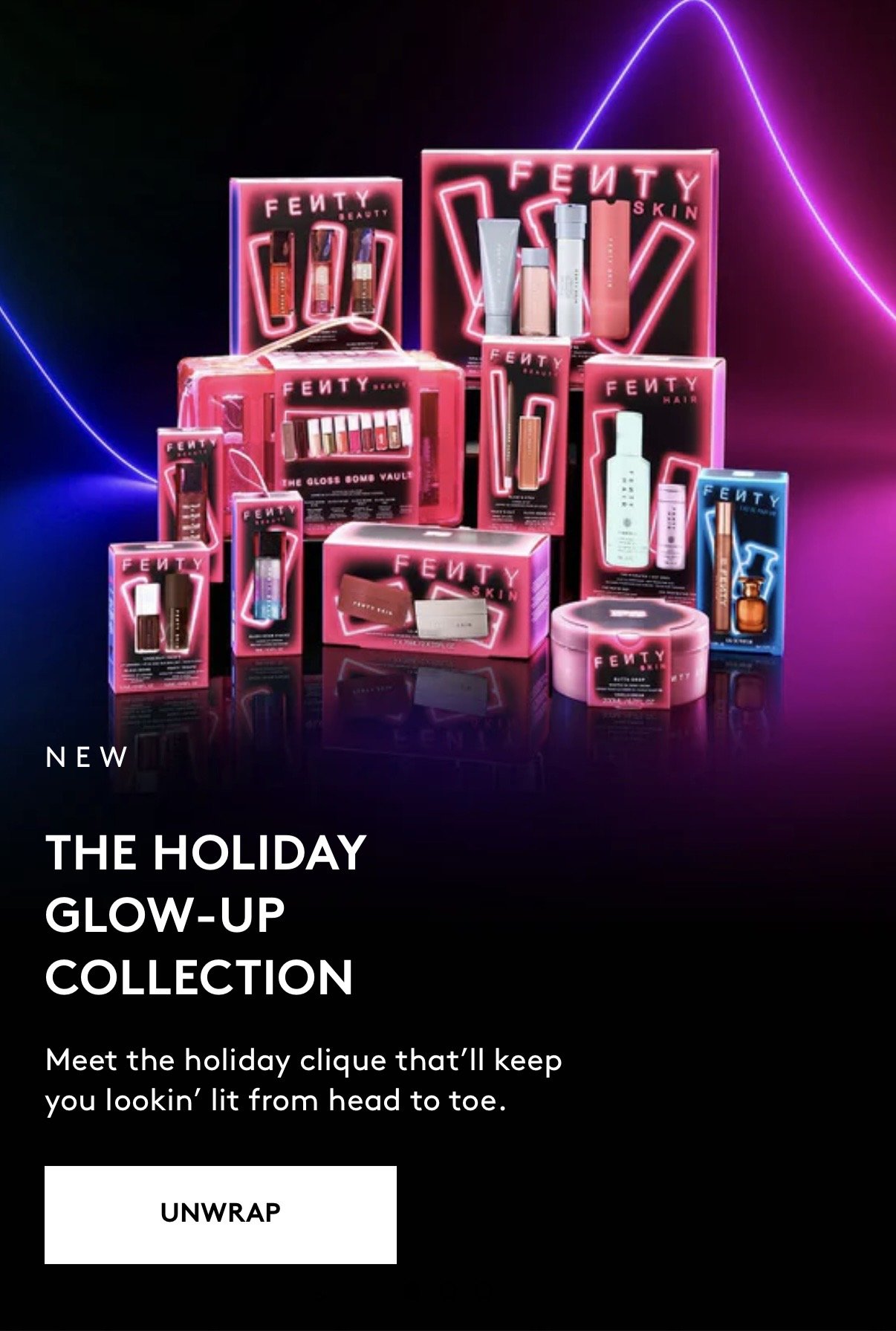 Fenty Beauty holiday glow-up collection display with various cosmetics, including lip glosses, skincare, and makeup products, set against a black background with neon pink and blue lights.