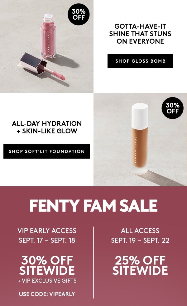 Advertisement for Fenty Beauty sale featuring lip gloss and foundation with 30% off, and details about early access and savings.