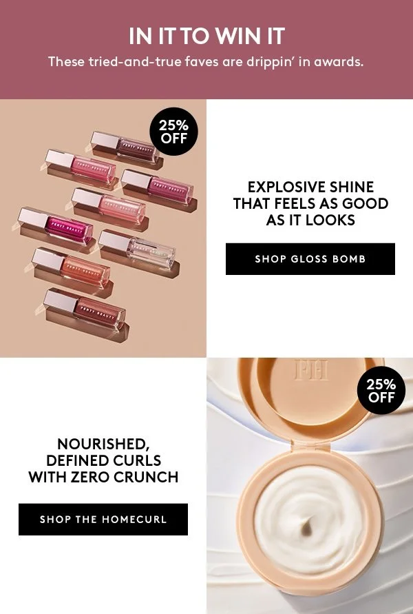 Advertisement for beauty products featuring gloss lip balms and a cream jar, with discounts of 25% off.