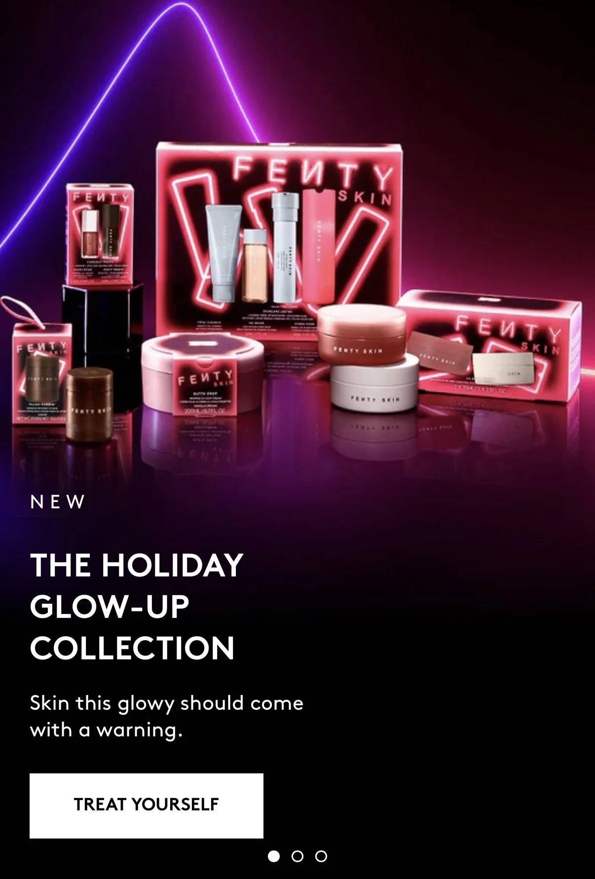 A display of Fenty Skin holiday glow-up collection products in pink and white packaging, with neon lights and promotional text.