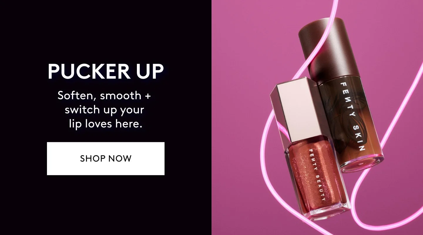 Advertisement for Fenty Beauty Lip Glosses featuring two bottles, one shiny rose gold and one metallic bronze, against a pink background with neon light accents.