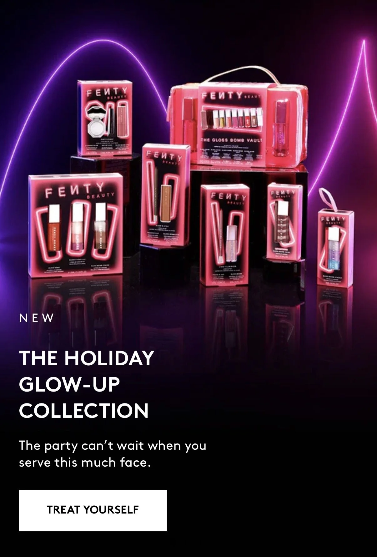 Display of Fenty Beauty holiday glow-up collection with various makeup products in pink packaging against a dark background with neon light accents.