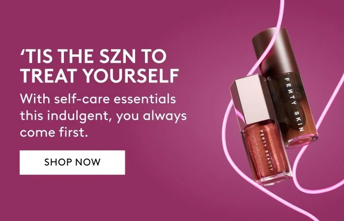 Two bottles of Fenty Beauty nail polishes, one in a dark shade and the other in a glittery red, against a purple background with neon pink light accents.