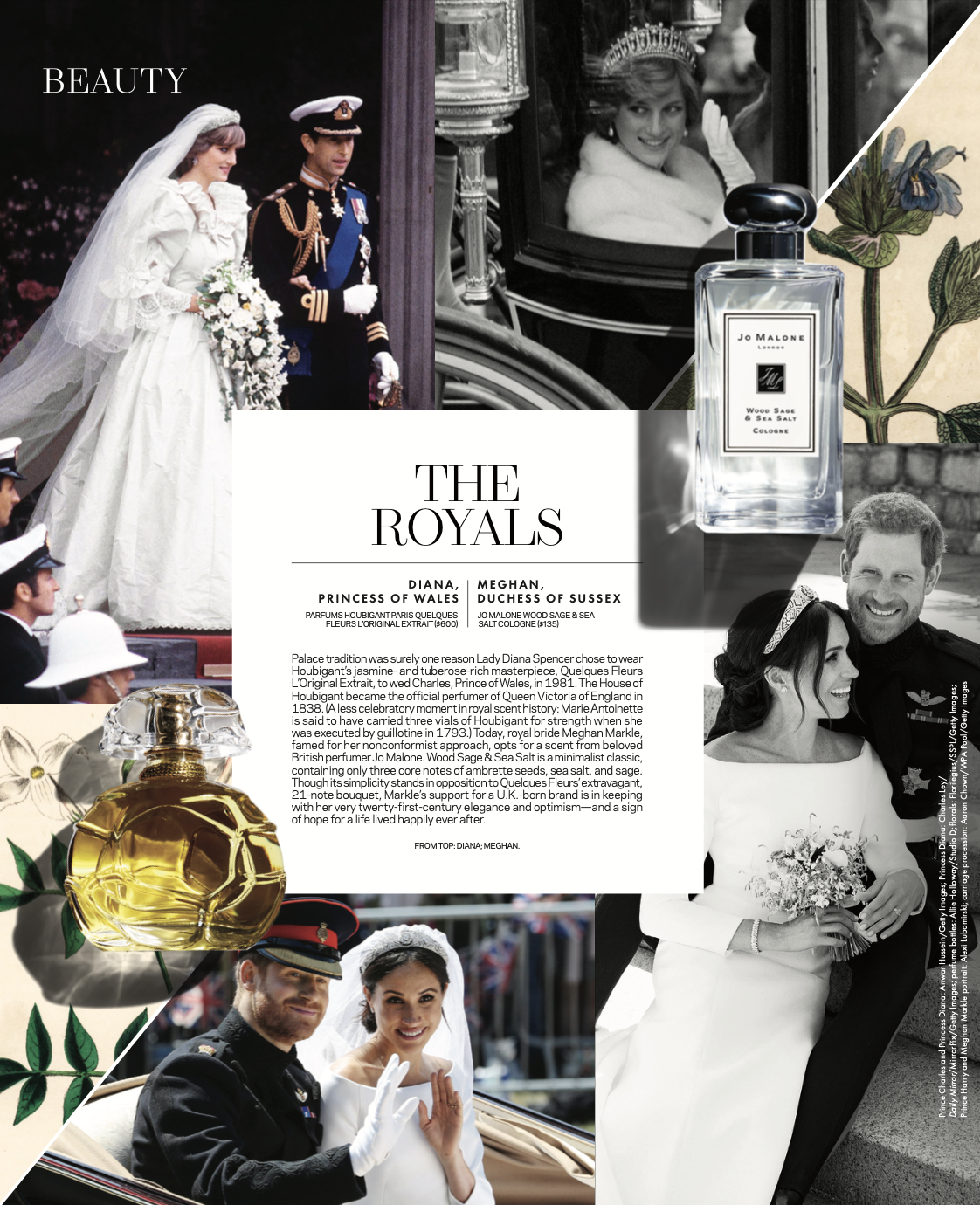 Collage of royal wedding images featuring famous British royals. Top left shows Princess Diana in wedding gown and Prince Charles in military uniform, walking outside. Top right depicts Princess Diana smiling from a carriage window. Bottom left shows