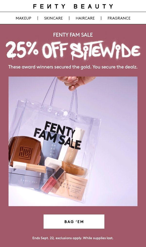 Fenty Beauty promotional flyer advertising a 25% off sitewide sale with a transparent shopping bag containing makeup and skincare products.