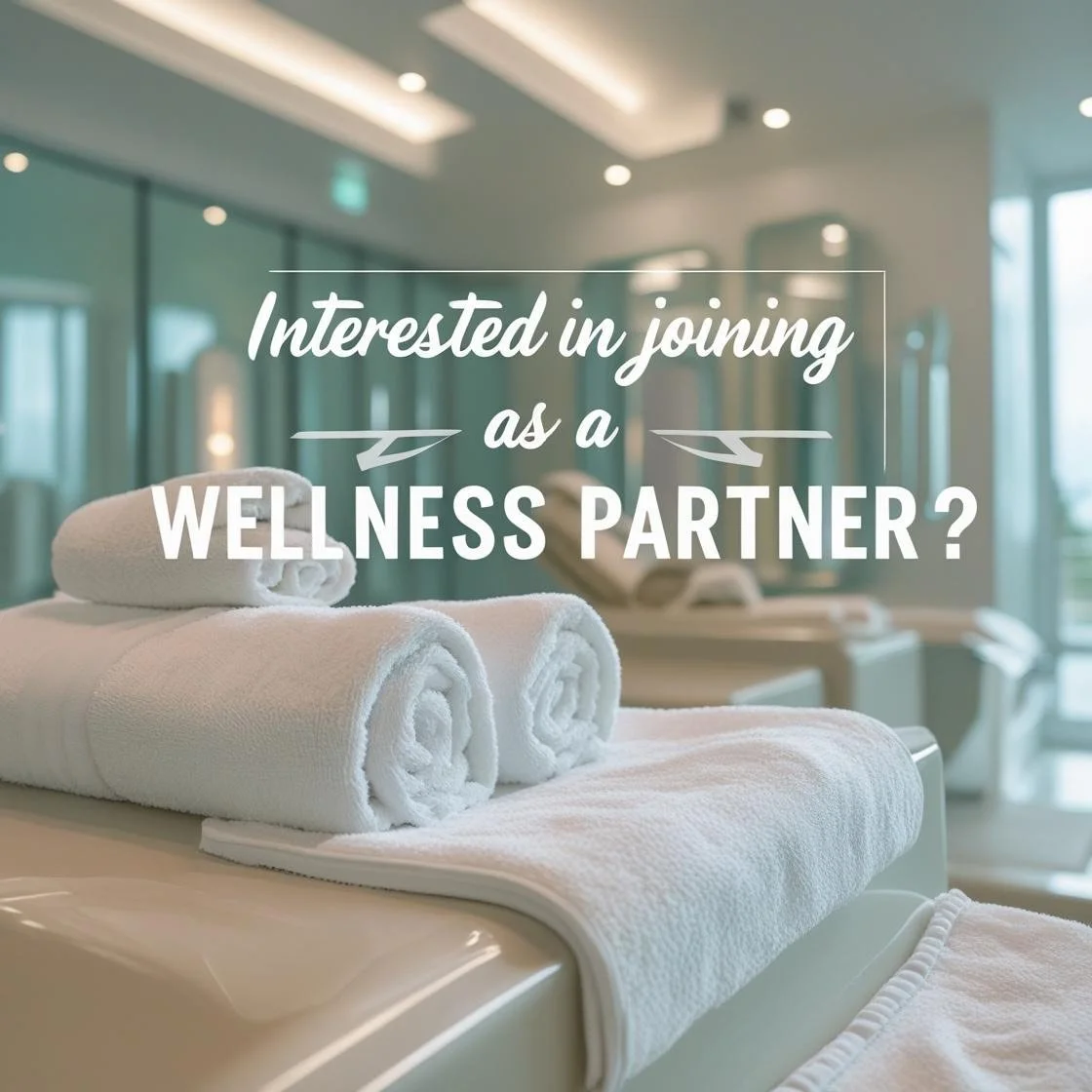 A spa or wellness center with neatly rolled white towels on a treatment table and promotional text overlay asking about joining as a wellness partner.