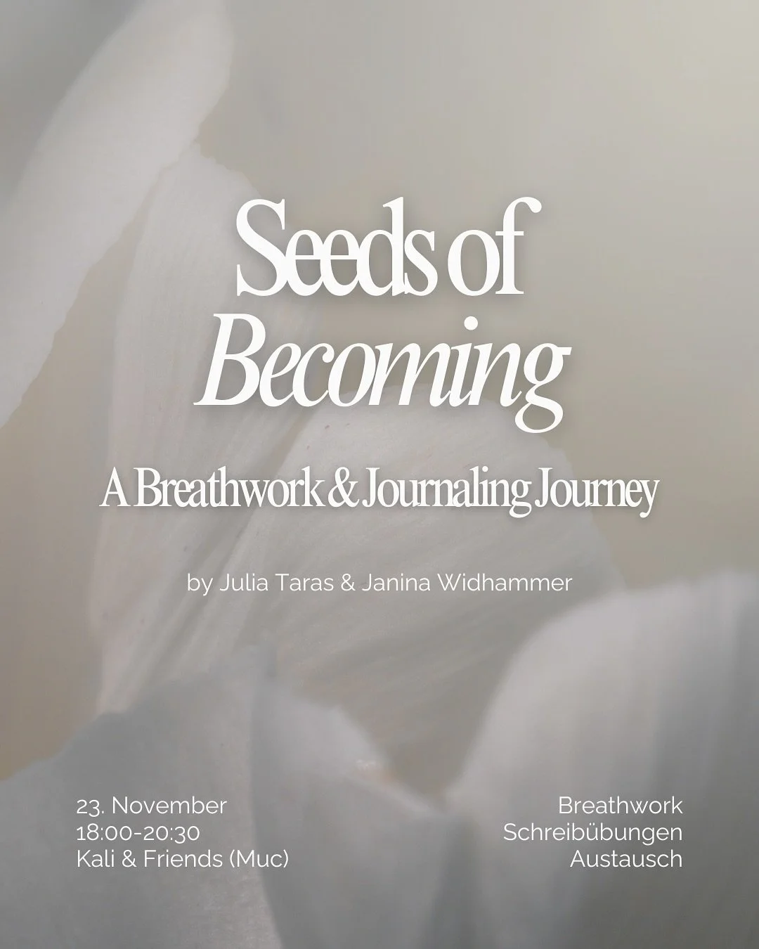 A special invitation 🕊️

Am 23.11. tun sich @juliataras und @innerletters.de f&uuml;r einen besonderen Abend zusammen:

&bdquo;Seeds of Becoming&rdquo; vereint die Kraft von Breathwork und Journaling zu einer einzigartigen Reise in deine Innenwelt.
