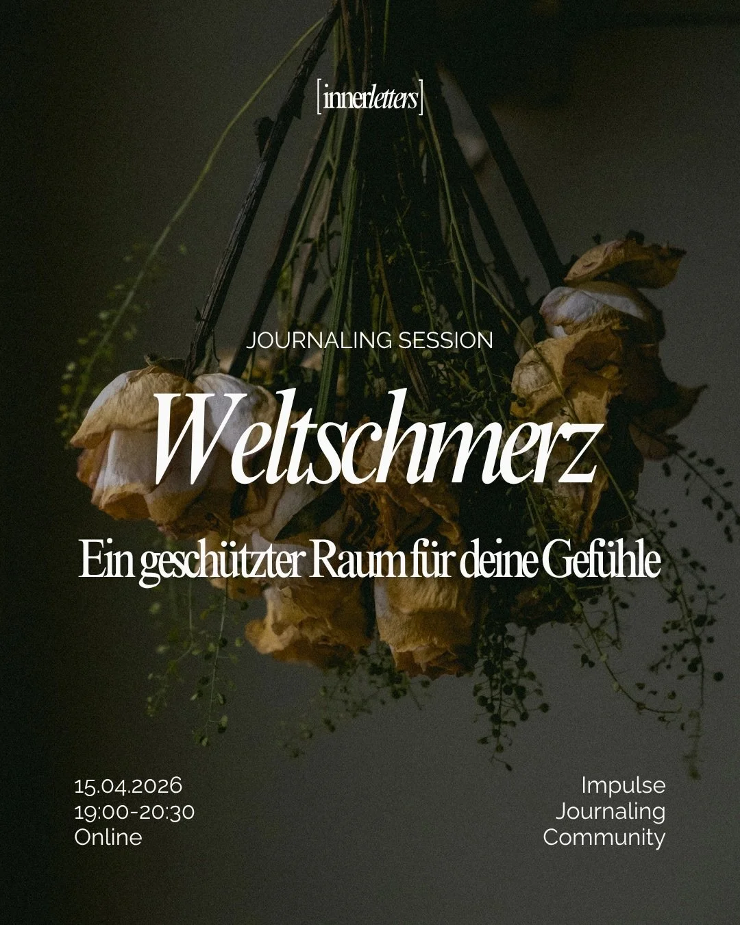 Raum f&uuml;r deine Gef&uuml;hle 💛

Ich lade dich herzlich zu dieser gef&uuml;hrten Journaling-Session ein, bei der wir uns dem schweren Gef&uuml;hl von Weltschmerz aus einer achtsamen Perspektive n&auml;hern.

Durch Meditation, Schreib&uuml;bungen,