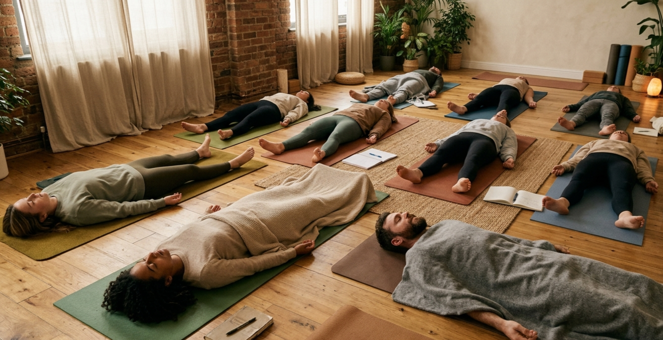 Eine Gruppe an Personen liegt am Boden für eine Visualisierungsreise