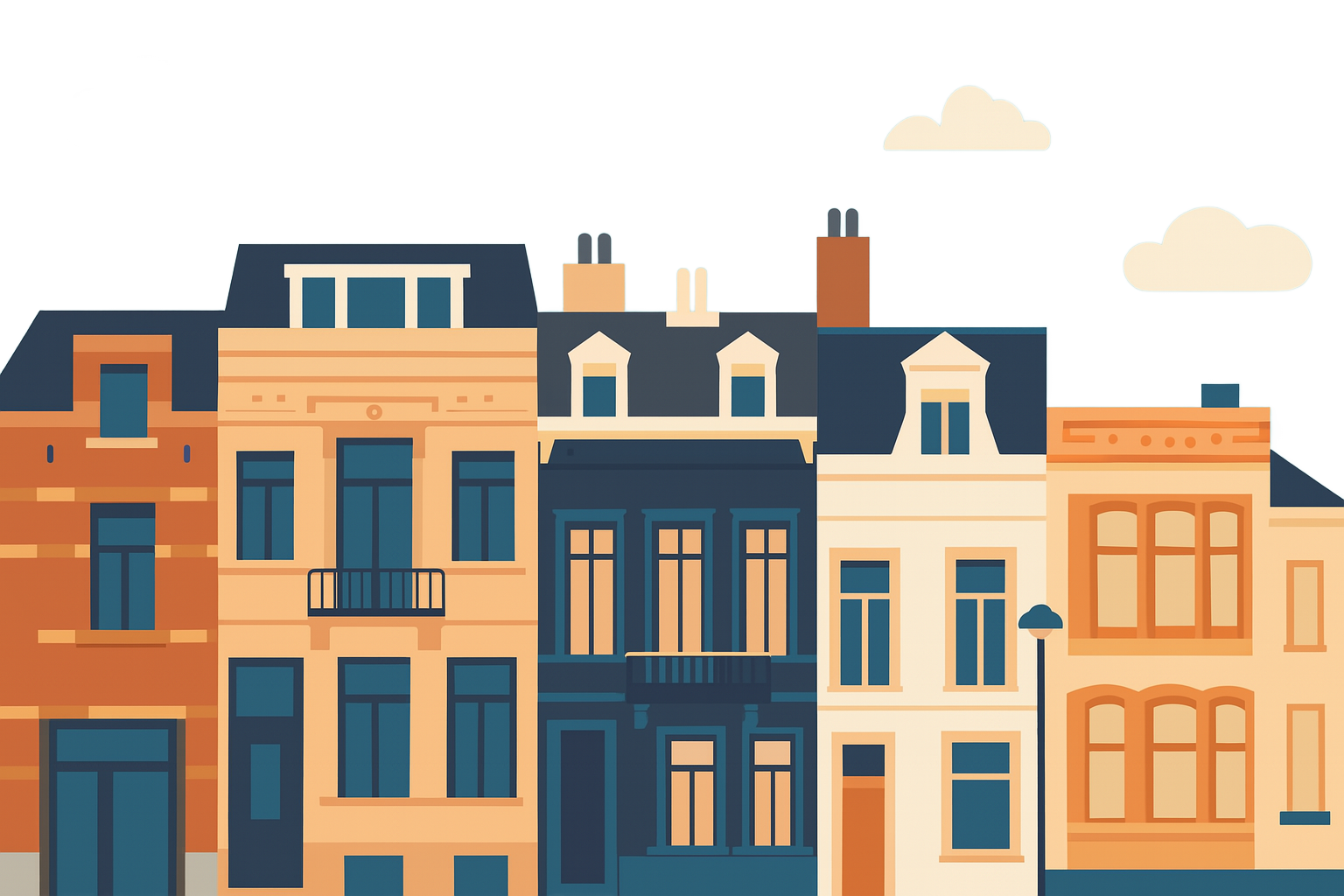 illustration de façades d'immeubles en couleurs pastel avec fenêtres et toits en mansarde, sous un ciel bleu avec des nuages