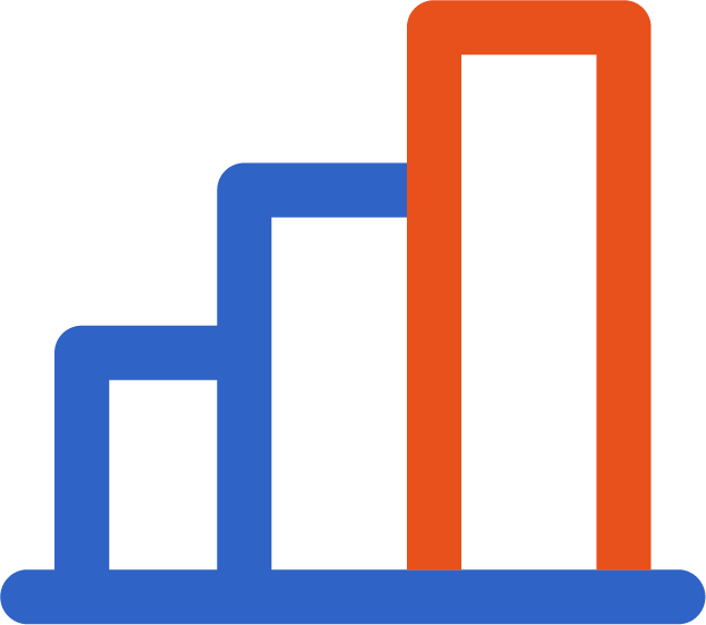 Stylized bar chart with three blue bars increasing in height from left to right, and two orange bars taller than the blue bars.