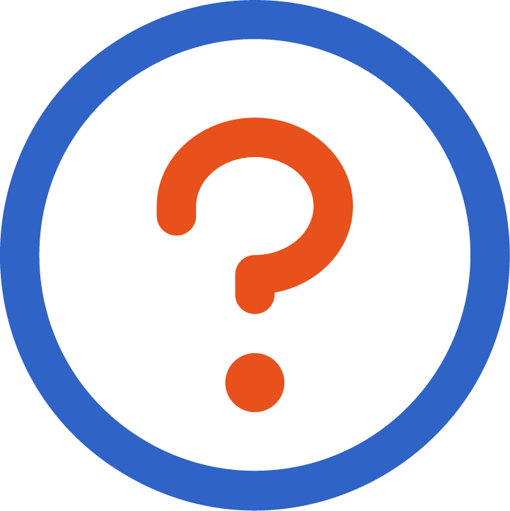 A circular icon with a blue outer ring, an orange question mark in the center, and a black background.
