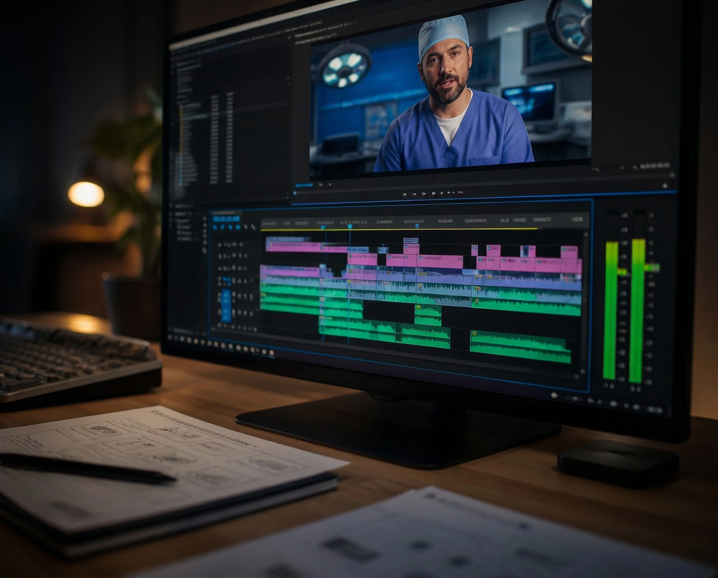 Professional video editing interface on a studio monitor showing a multi-layer timeline and a preview screen of a surgeon in scrubs.