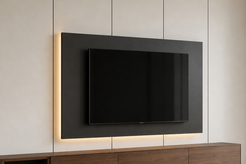 A flat-screen TV mounted on a wall with black acoustic panels and warm backlighting. A wooden console is below the TV.