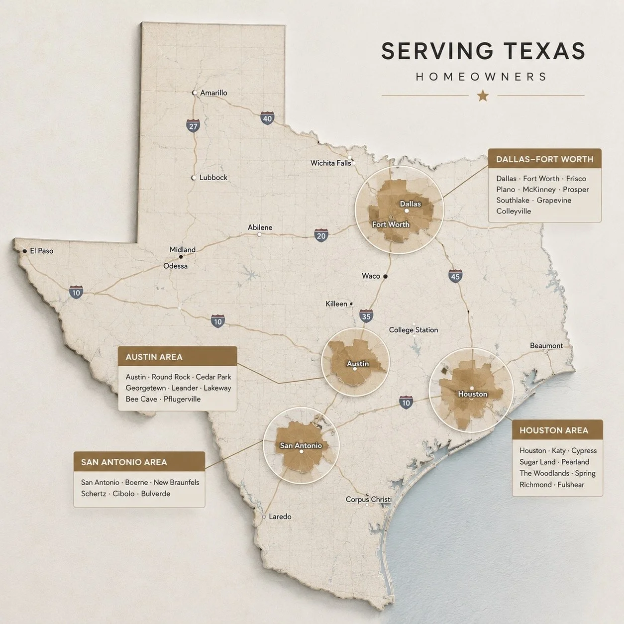 Stylized Texas service area map highlighting the Dallas–Fort Worth, Houston, Austin, and San Antonio metropolitan regions served for custom media walls, built-in entertainment centers, and fireplace feature wall projects.