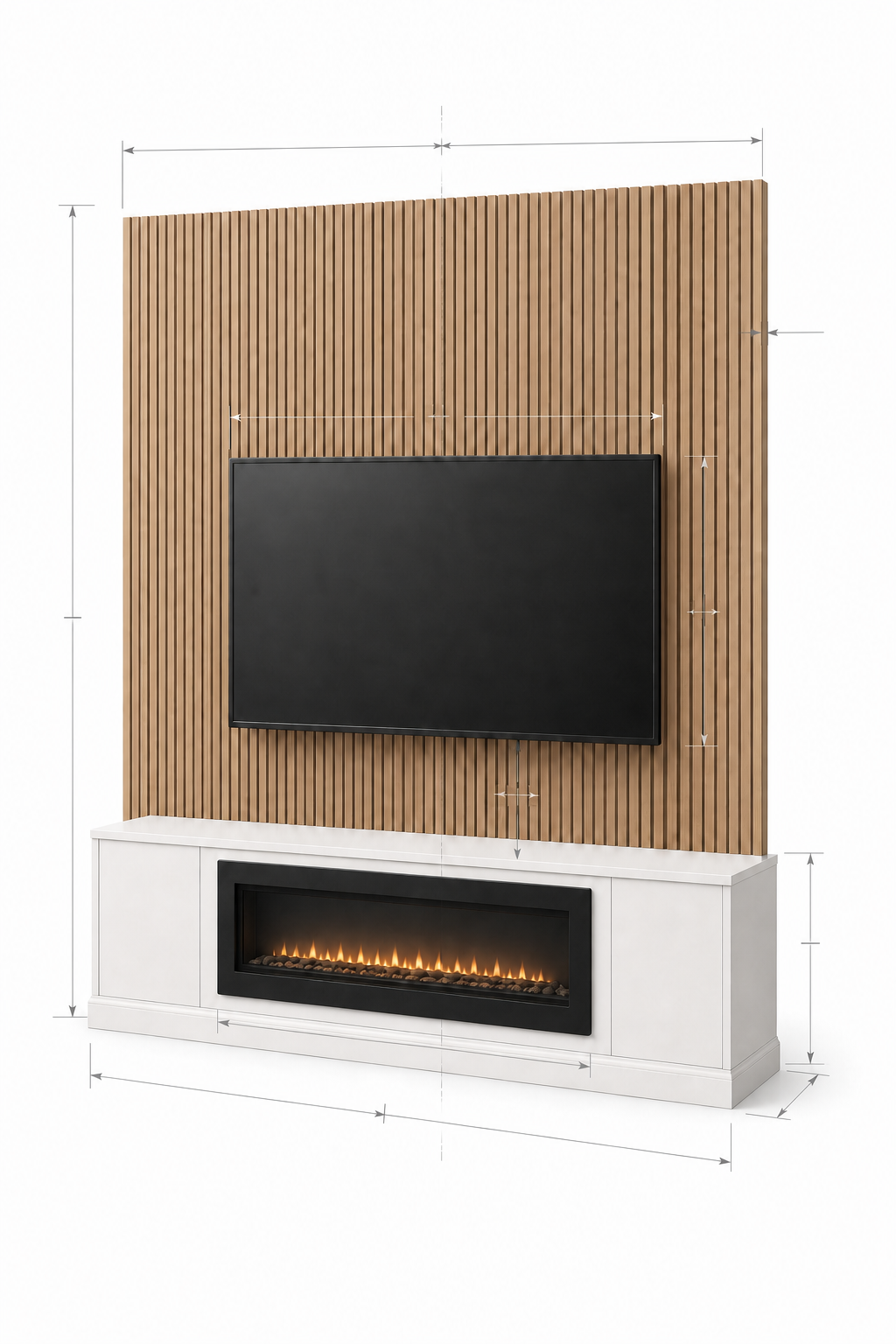 Architectural customization concept for the F1-002 Fireplace Media Accent Wall with symbolic dimension lines.