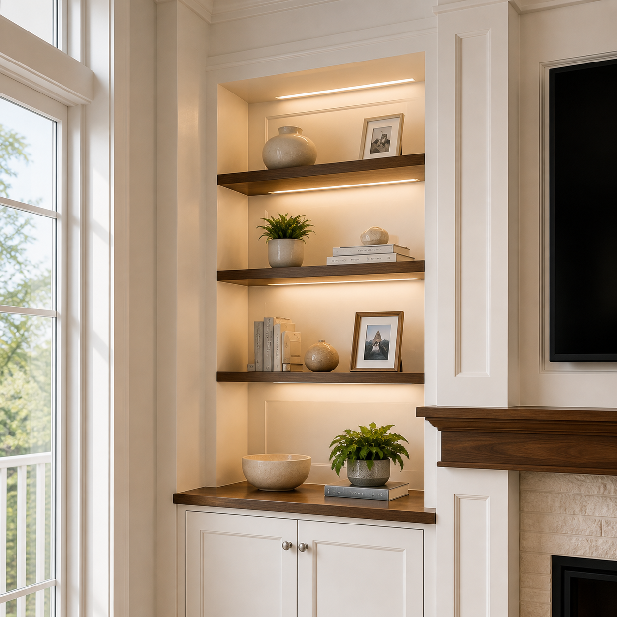 Illuminated display shelves with classic trim, books, and decorative objects