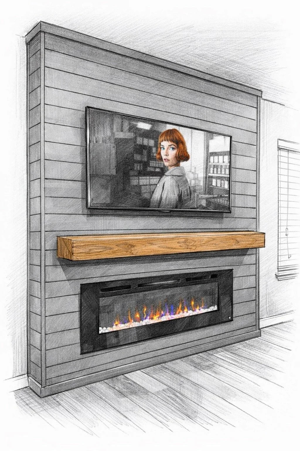 sketch render of modern shiplap fireplace media wall with mounted TV, natural wood mantel and linear electric fireplace