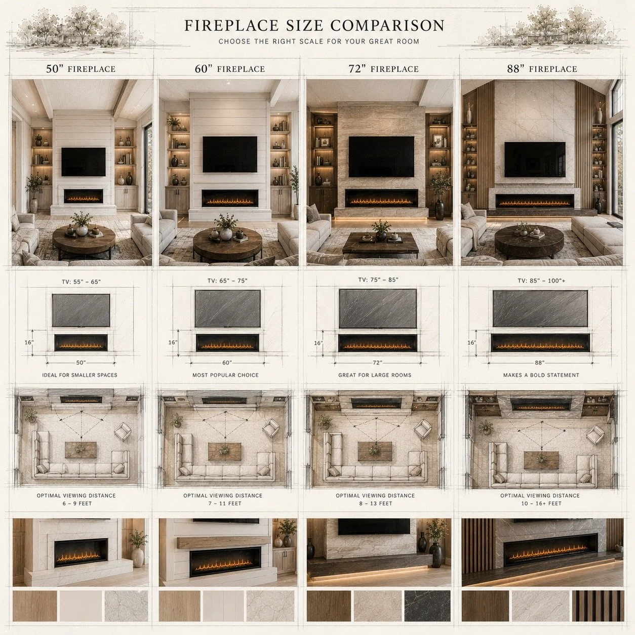 comparison of 50 inch, 60 inch, 72 inch, and 88 inch fireplace media wall designs for Carolina homes
