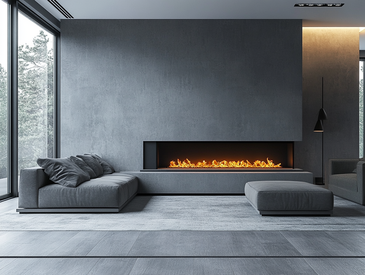 Modern living room with gray sofa, a fireplace with flames, large windows, and minimalist decor.