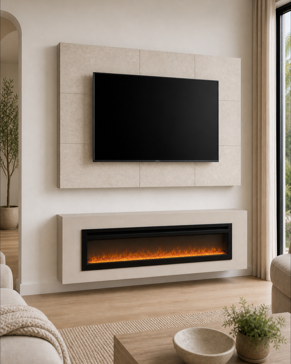 Cinema Fireplace Media Wall with a separate faux stone TV panel and floating linear fireplace box