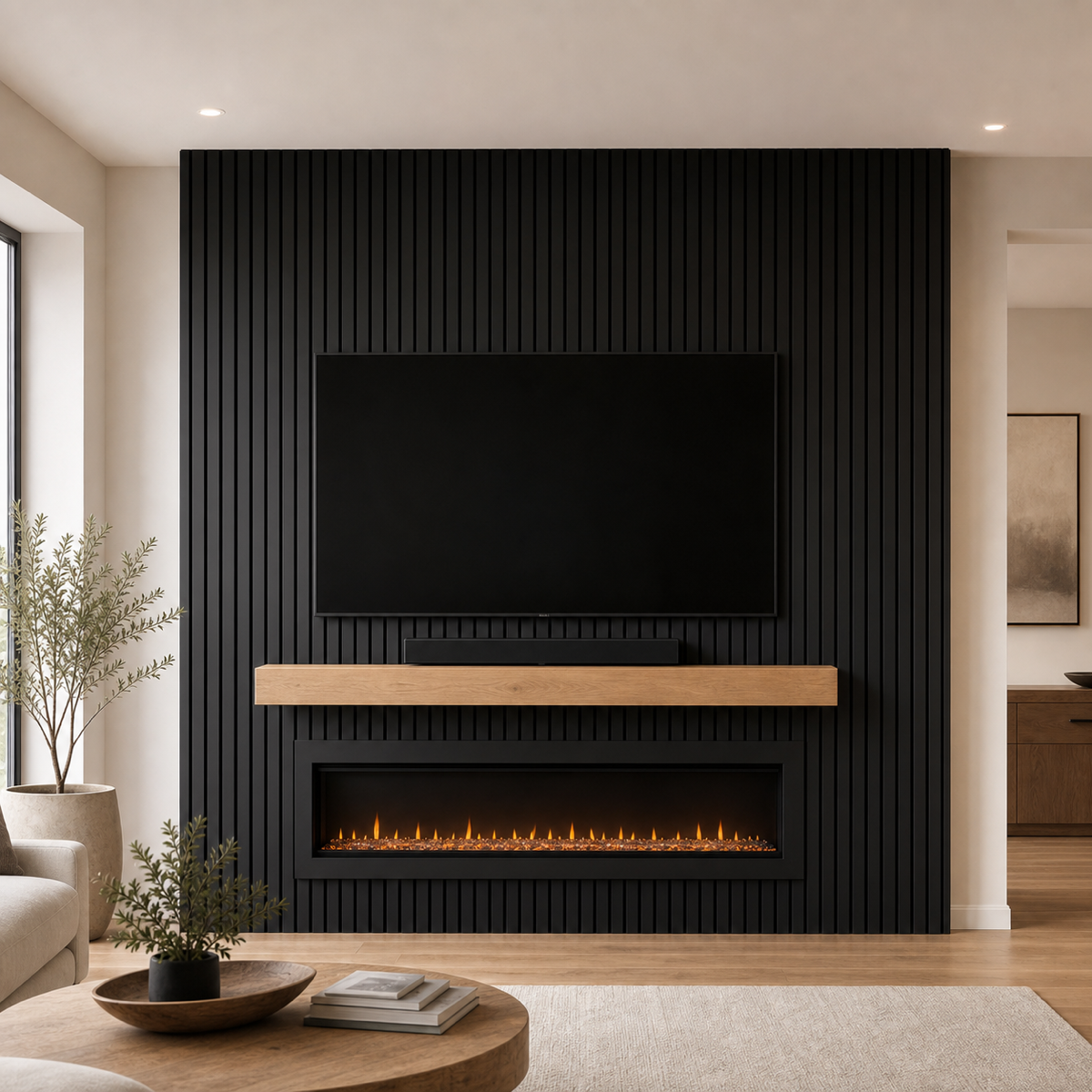 Black slat fireplace media wall with a wood mantel, integrated TV, and linear electric fireplace