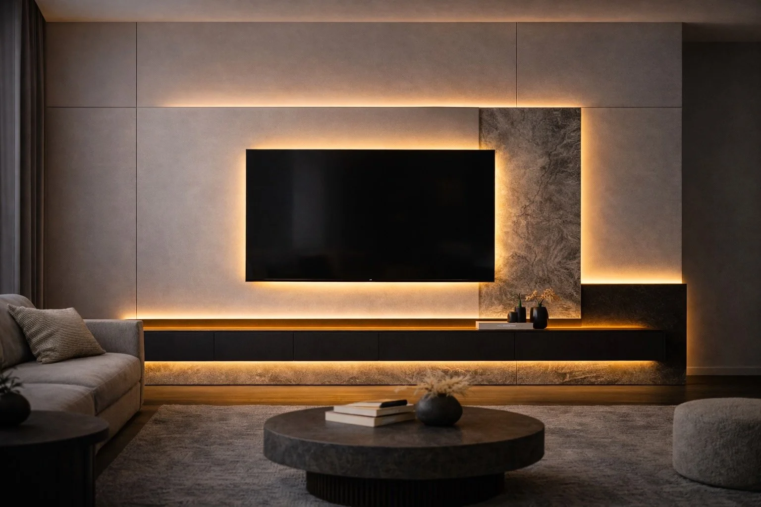 minimal layered media wall with soft LED backlighting and stone accent