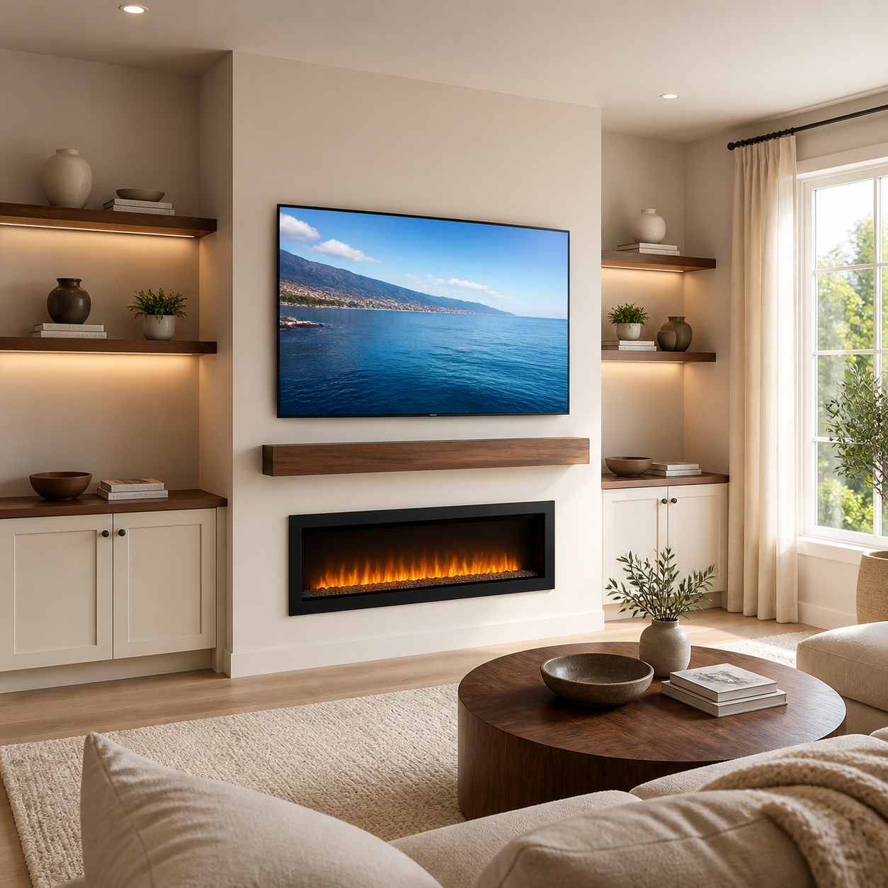 Bright living room with an ivory fireplace media wall, walnut shelves, built-in cabinets, and a TV displaying a coastal view
