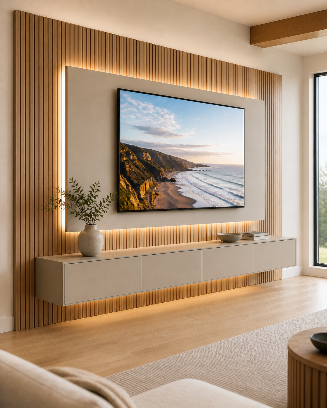 Layered floating TV panel with warm LED backlighting, vertical wood slats, and a low wall-mounted storage cabinet
