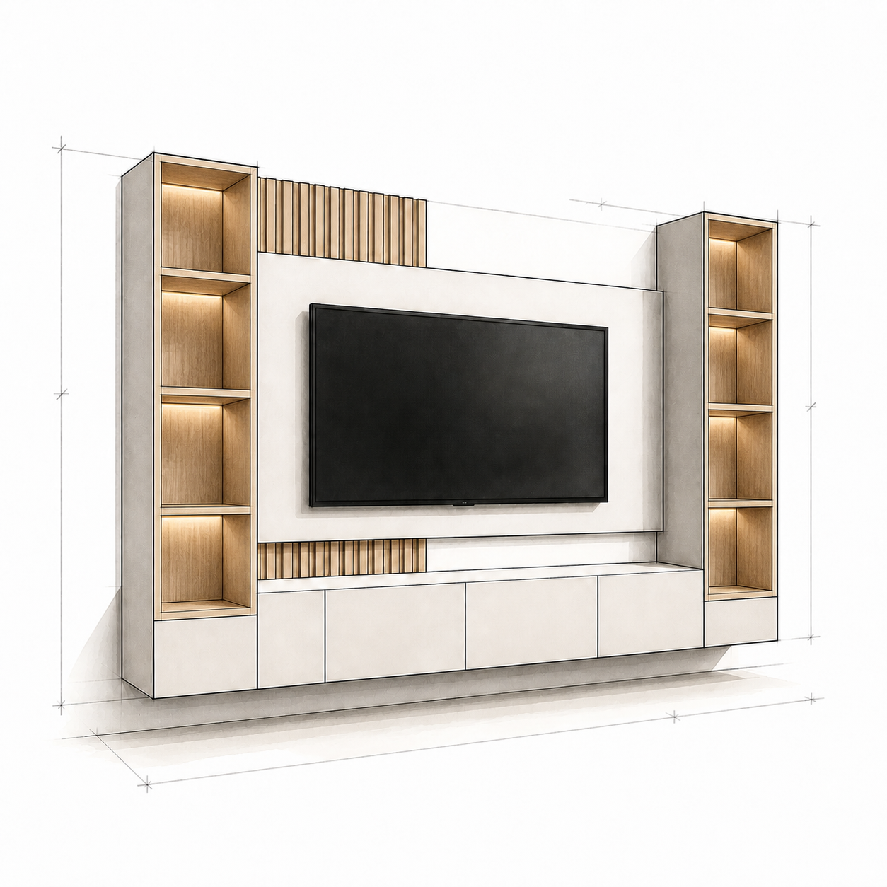 Architectural sketch of a floating media wall with illuminated open-niche towers on both sides
