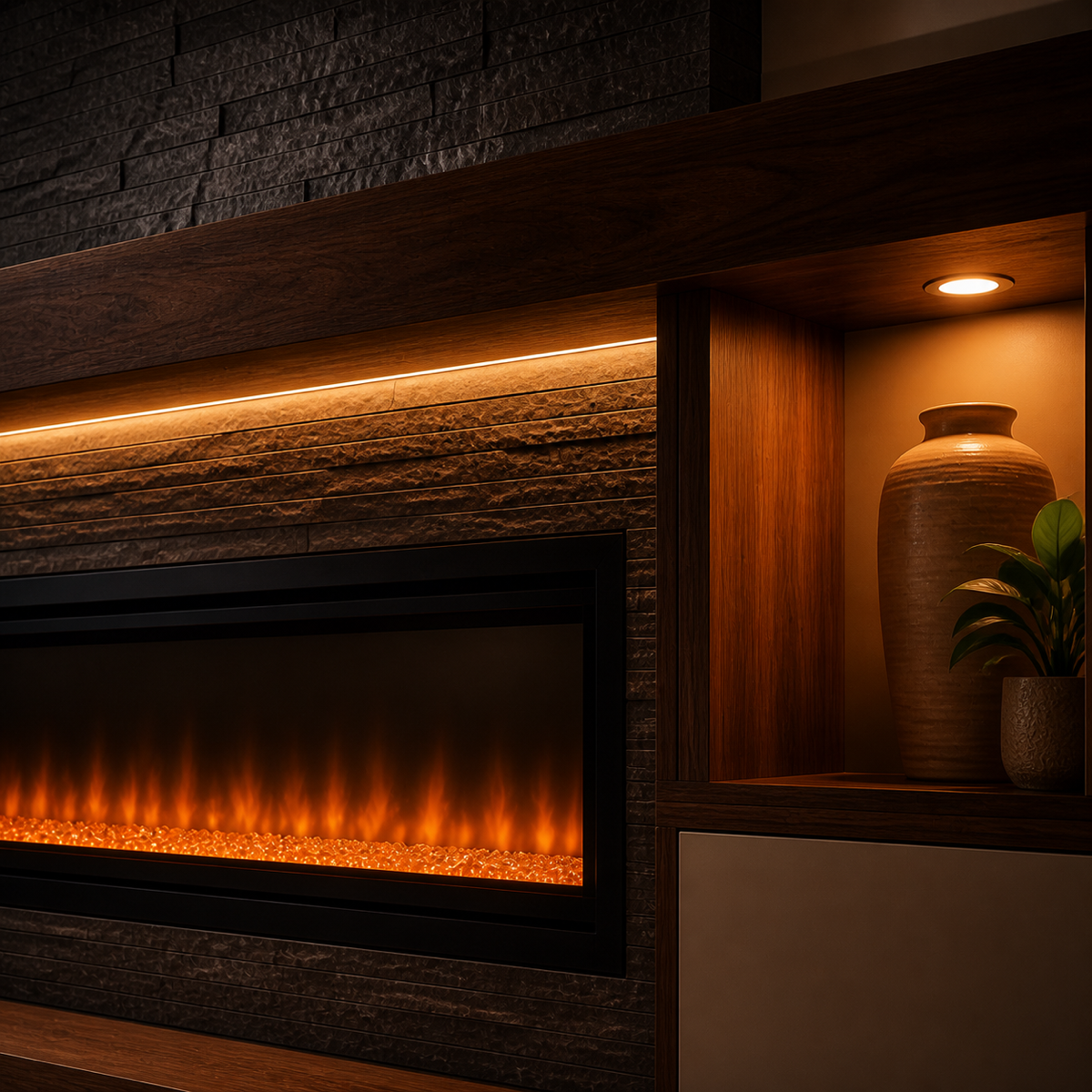 Close-up of a modern indoor fireplace with orange flames, surrounded by dark textured stone and warm wooden shelving. A tall ceramic vase and green plant are on the right side, with warm recessed lighting above.