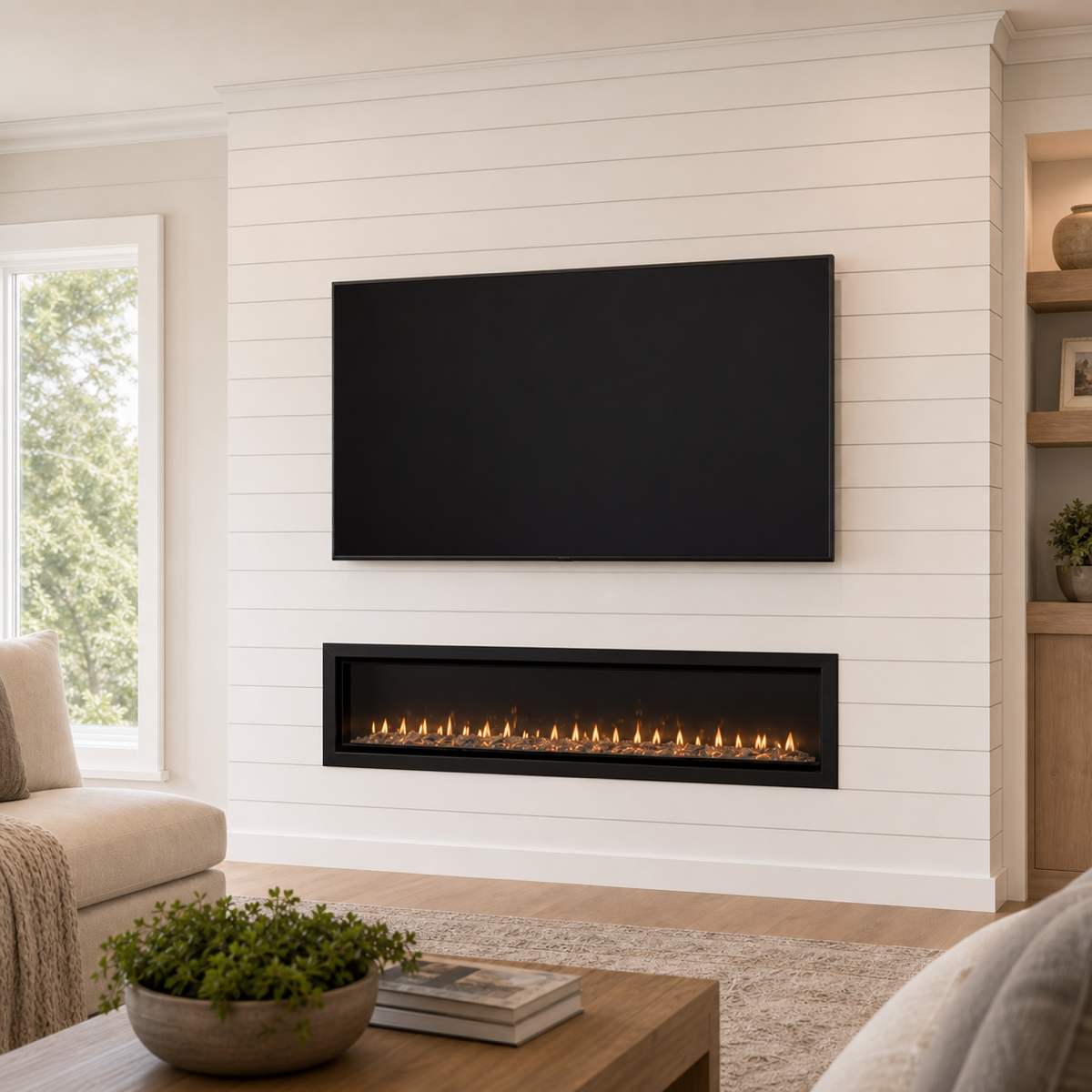 White shiplap fireplace media wall with an integrated TV and linear electric fireplace