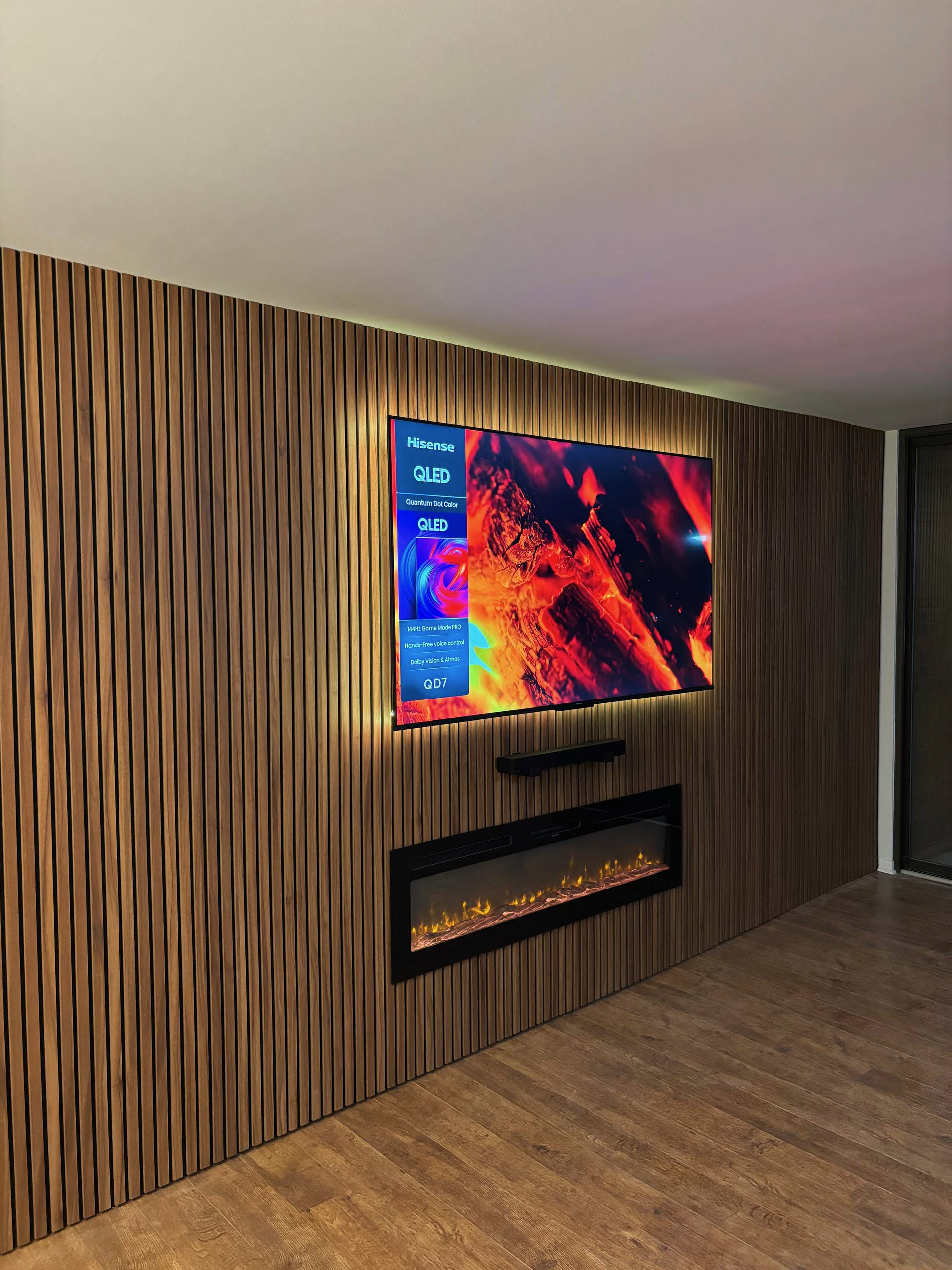 Wood Slat Fireplace Media Wall with LED Lighting in Orlando, Florida