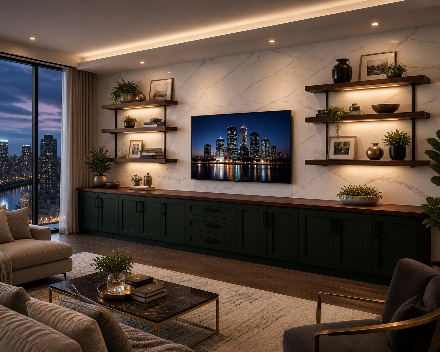 Modern living room with city view, wall-mounted TV showing a city skyline, green cabinet, floating shelves with decorative items and plants, beige sofas, and a marble coffee table.