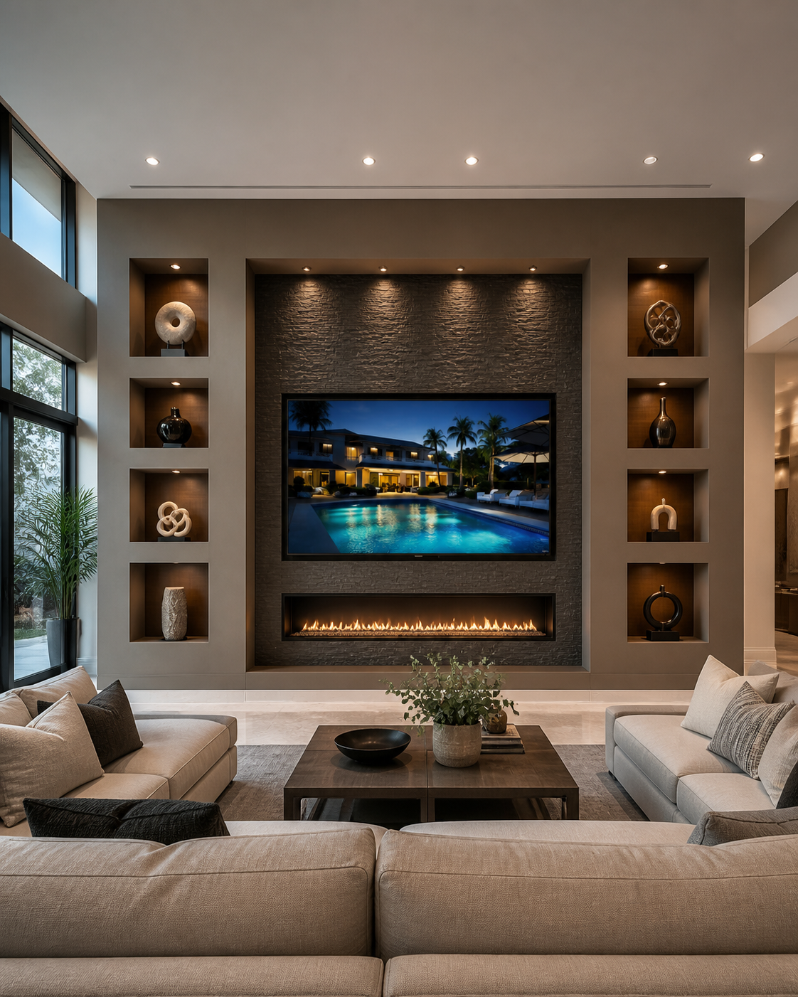 Living room with beige sofas, central coffee table, modern fireplace, wall-mounted TV showing poolside scene, built-in shelves with decorative objects, large windows, indoor plant.