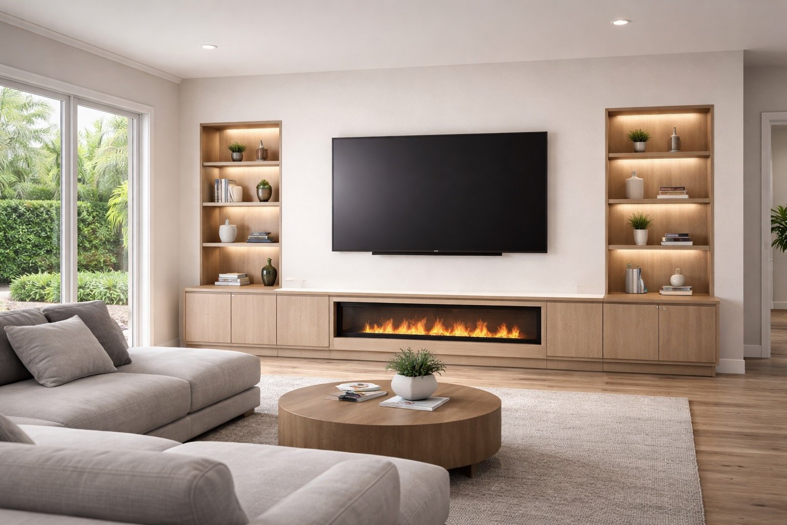 Media wall in Orlando new construction home with TV and built-in cabinets