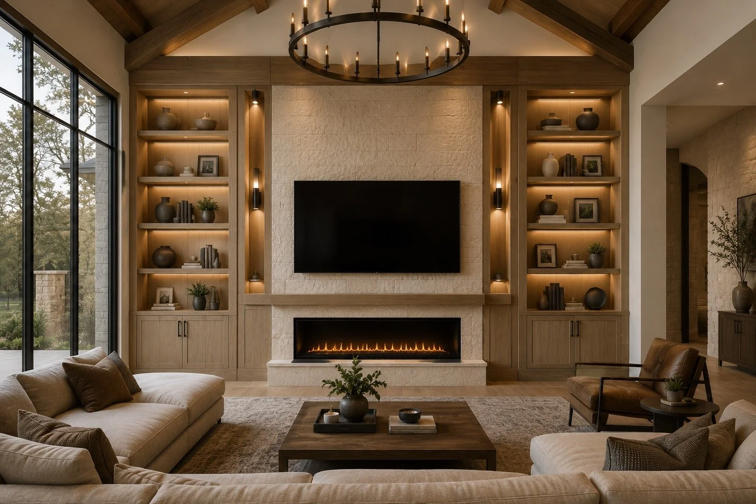 luxury Texas great room with custom built-in entertainment center, fireplace, shelving, and integrated lighting