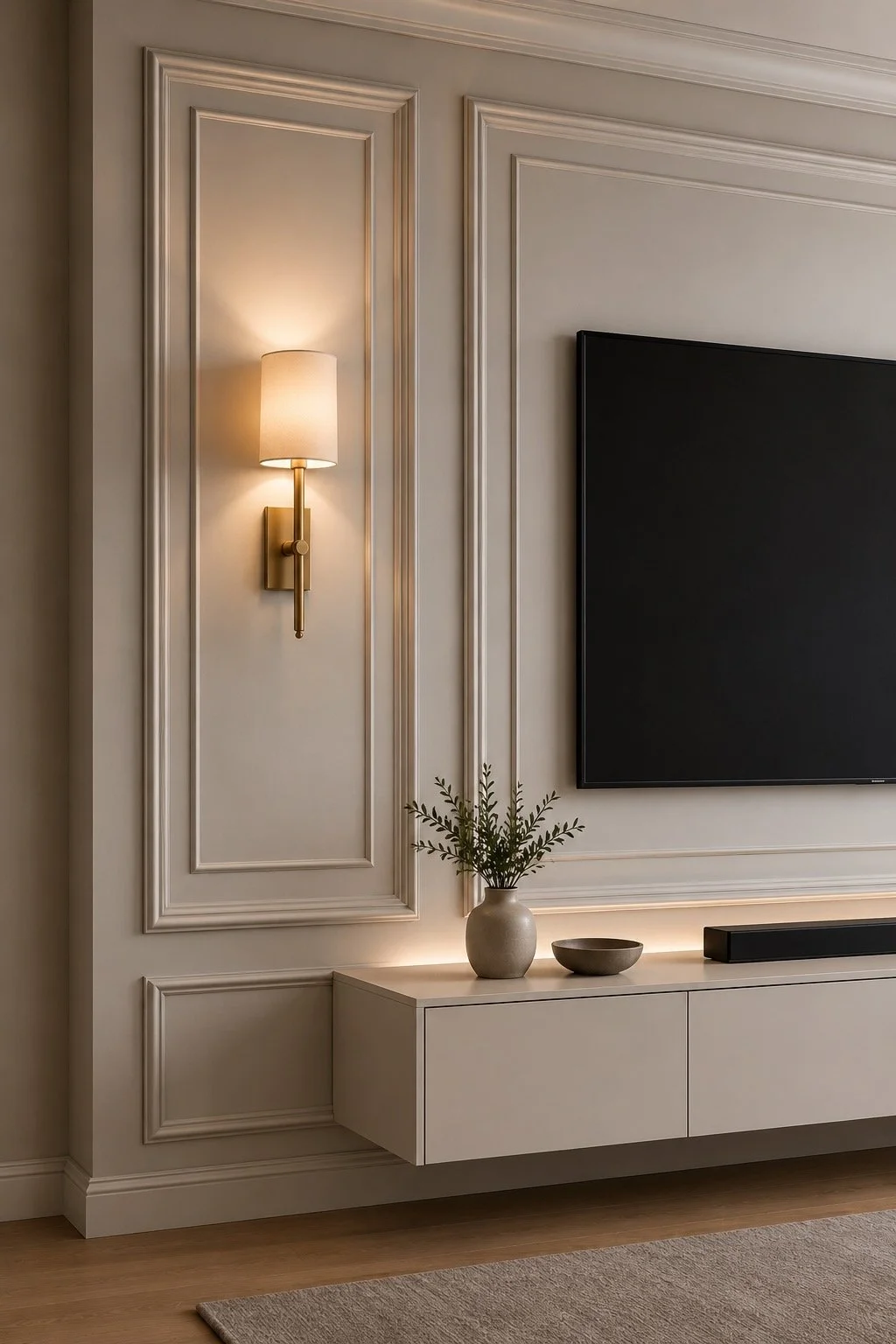 Close-up of the A-002 Classic Trim media wall with decorative molding, brass wall sconce, mounted TV, soundbar, and floating cabinet