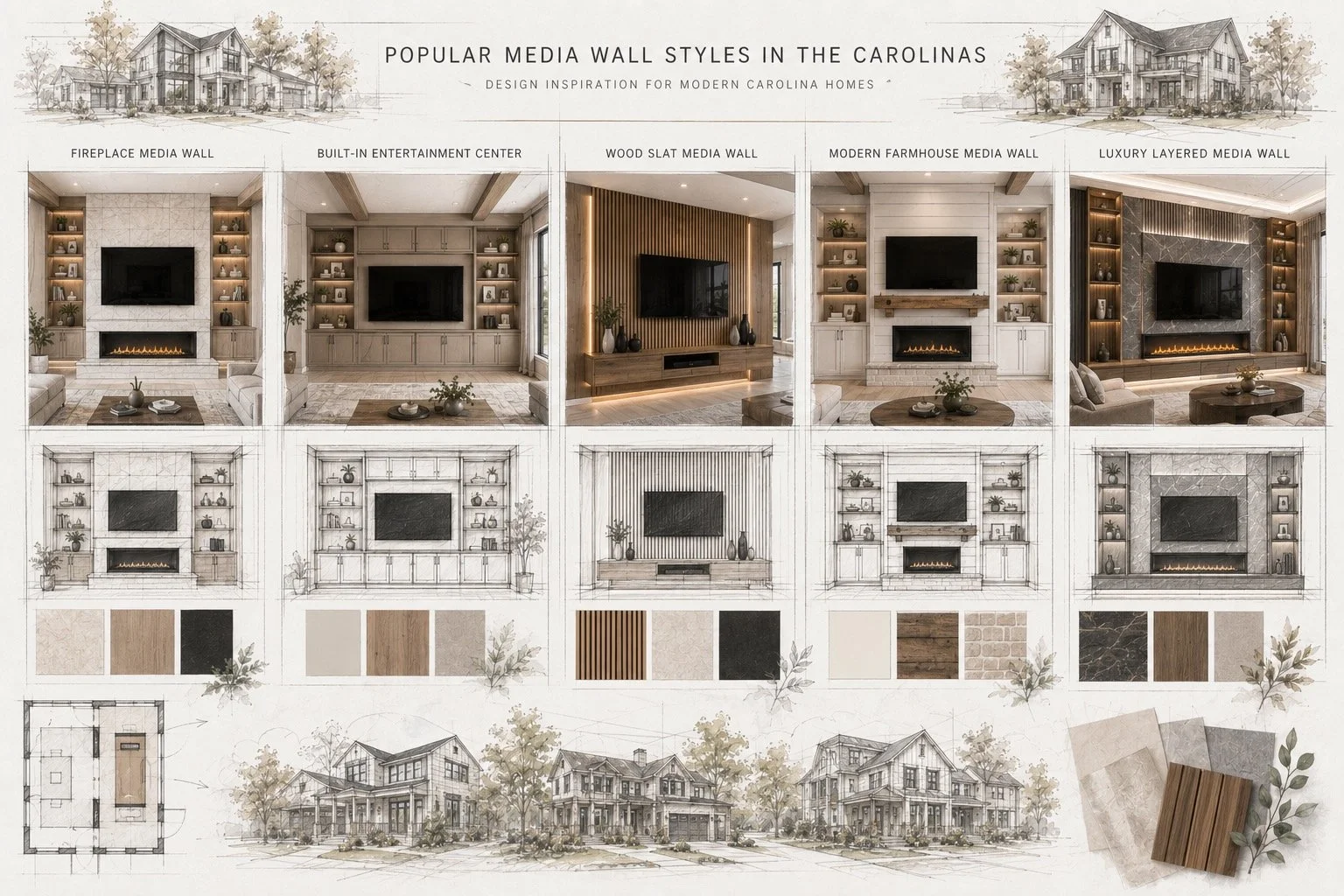 comparison of popular media wall styles including fireplace walls, built-ins, wood slat walls, farmhouse designs, and luxury media walls