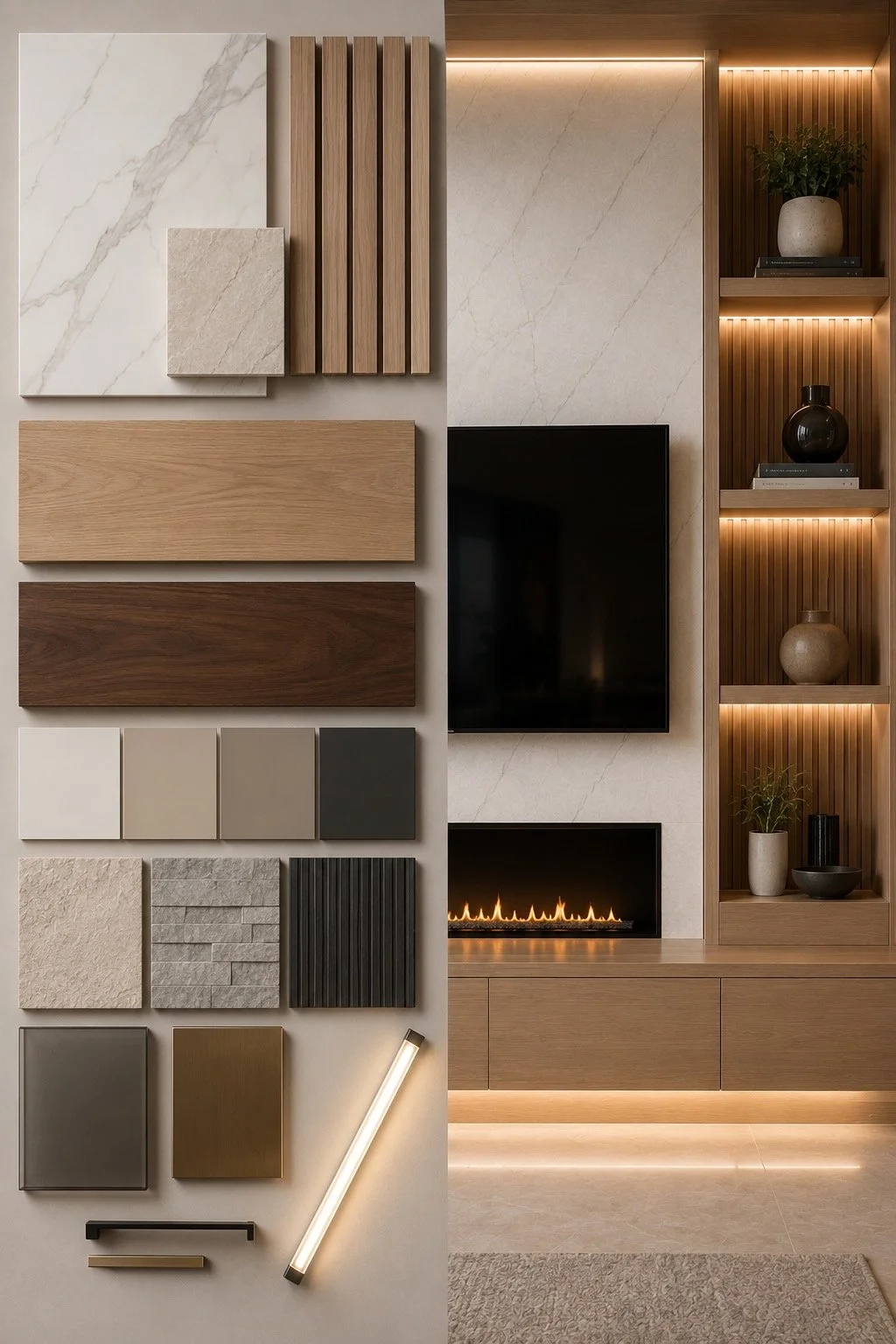 Premium material selection for Miami media walls with porcelain panels, white oak, walnut, stone textures, cabinetry finishes, metal accents, and integrated LED lighting