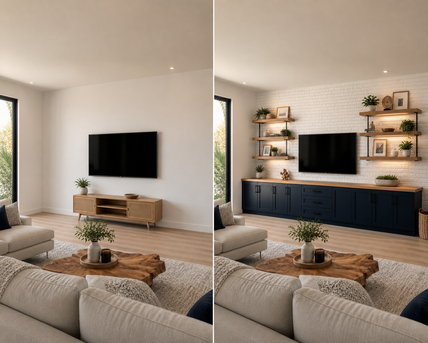 Before-and-after transformation of a large open wall with the C3-001 Built-In Entertainment Accent Wall