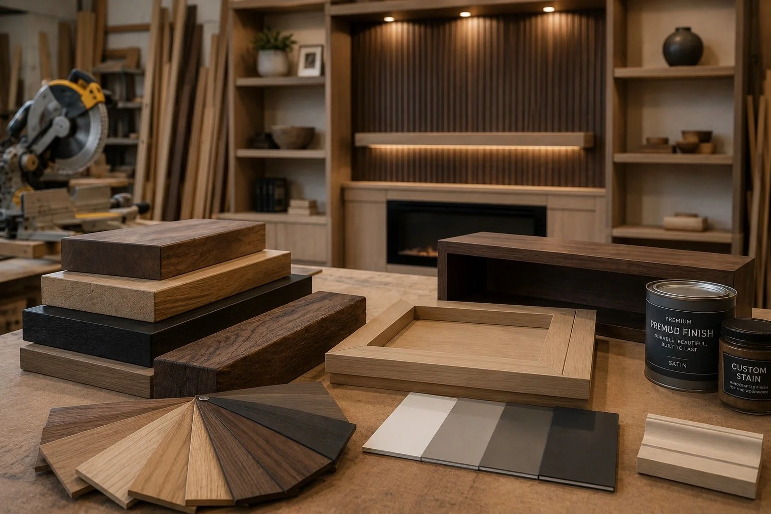 Premium woodworking materials, hardwood samples, cabinet finishes, stain selections, and custom millwork components prepared for media wall, fireplace wall, and built-in entertainment center projects.