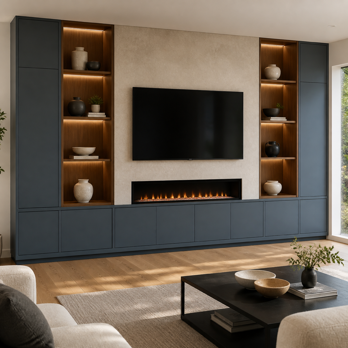 C-Series built-in entertainment wall with blue-gray storage cabinets, illuminated walnut niches, television, and fireplace.