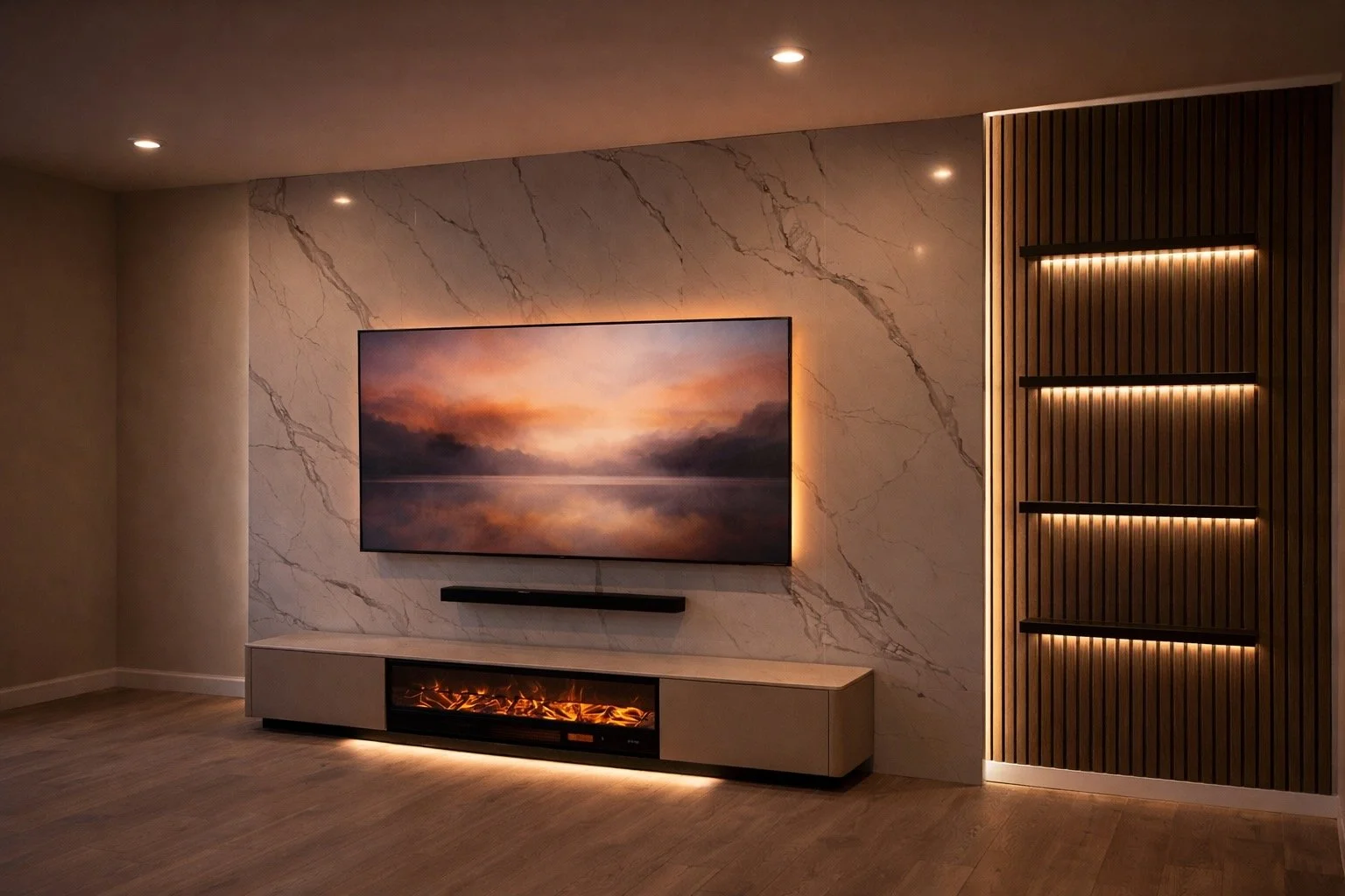Miami, FL – Floating TV Panel &amp; Cinema Fireplace Media Wall