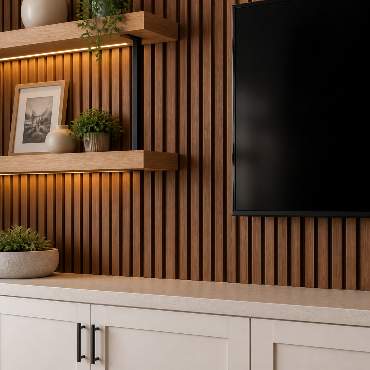 Vertical walnut-look slatted panels with illuminated wood shelves and painted cabinetry