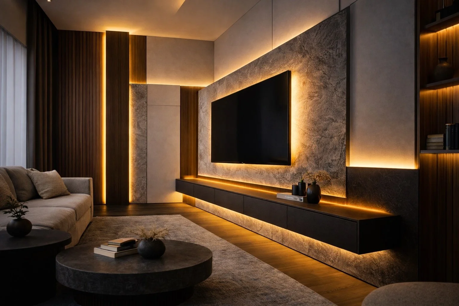 layered media wall with integrated LED lighting and floating panels