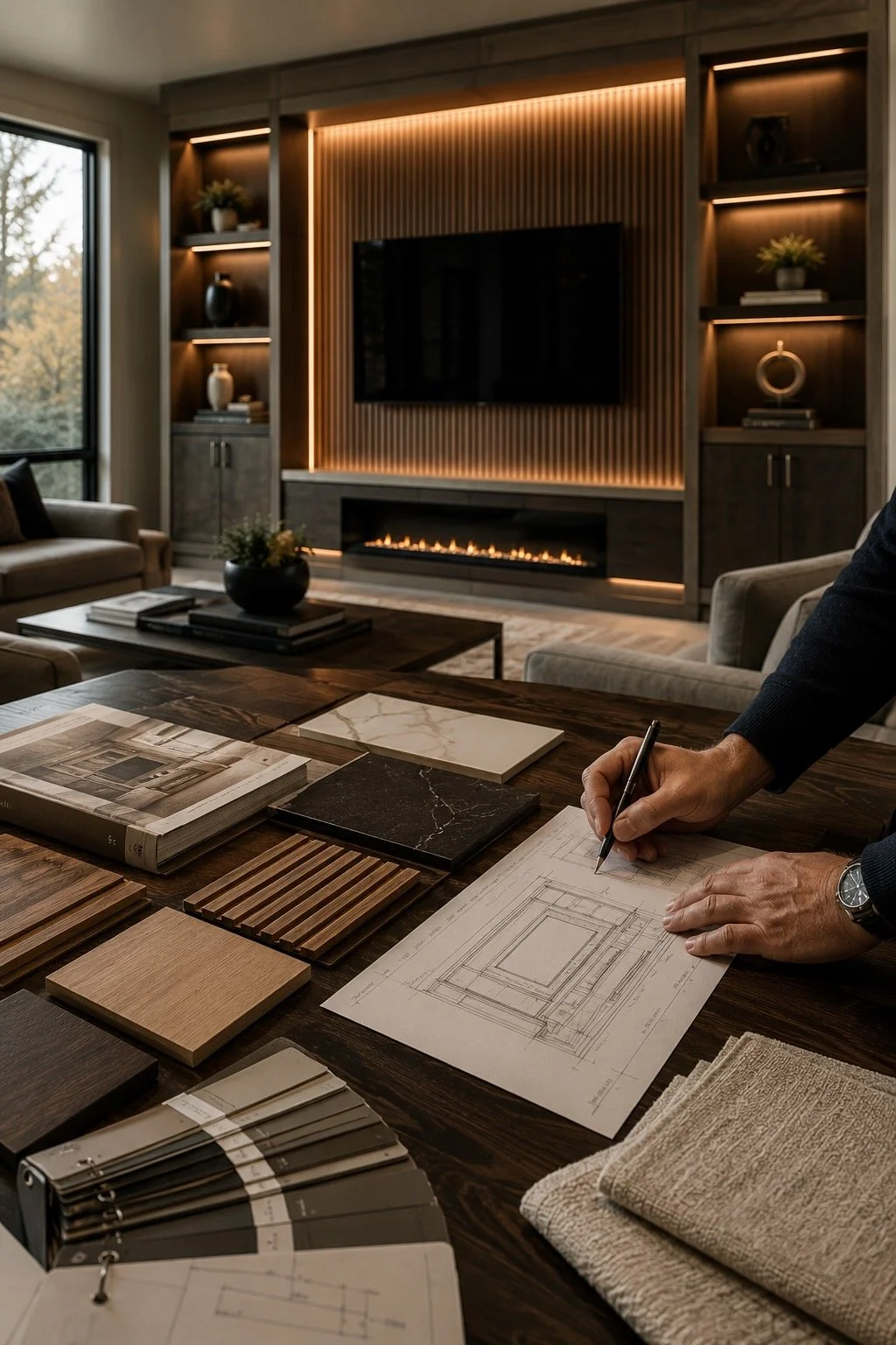 Designer reviewing media wall drawings and finish samples in front of a completed custom TV wall with fireplace and built-in lighting